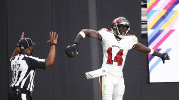 Oct 25, 2020; Paradise, Nevada, USA; Tampa Bay Buccaneers wide receiver Chris Godwin celebrates a second half touchdown against the Las Vegas Raiders at Allegiant Stadium. Mandatory Credit: Mark J. Rebilas-USA TODAY Sports