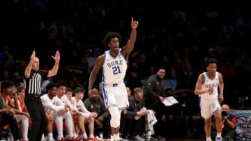 Mar 12, 2022; Brooklyn, NY, USA; Duke Blue Devils forward AJ Griffin (21) celebrates a three point shot against the Virginia Tech Hokies during the first half of the ACC Men's Basketball Tournament final at Barclays Center. Mandatory Credit: Brad Penner-USA TODAY Sports