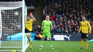 LONDON, ENGLAND - JANUARY 11: Sokratis Papastathopoulos of Arsenal clears the ball off the goal line during the Premier League match between Crystal Palace and Arsenal FC at Selhurst Park on January 11, 2020 in London, United Kingdom. (Photo by Dan Istitene/Getty Images)