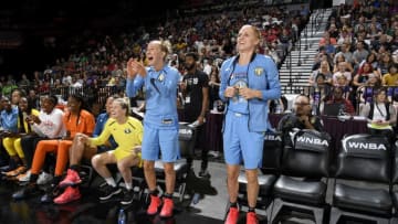 LAS VEGAS, NV - JULY 26: Sami Whitcomb #33 of the Seattle Storm, Courtney Vandersloot #22 and Allie Quigley #14 of the Chicago Sky celebrate during the 2019 WNBA Skills Challenge on July 26, 2019 at the Mandalay Bay Events Center in Las Vegas, Nevada. NOTE TO USER: User expressly acknowledges and agrees that, by downloading and or using this photograph, user is consenting to the terms and conditions of the Getty Images License Agreement. Mandatory Copyright Notice: Copyright 2019 NBAE (Photo by Brian Babineau/NBAE via Getty Images)