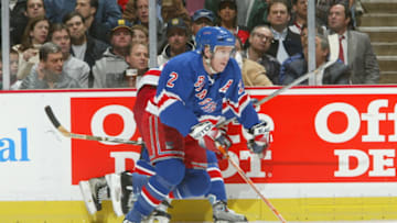 2003 Season: Player Brian Leetch of the New York Rangers. (Photo by Bruce Bennett Studios via Getty Images Studios/Getty Images)