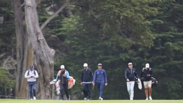 SAN FRANCISCO, CALIFORNIA - AUGUST 05: Cameron Smith of Australia and Rickie Fowler of the United States walk up the fairduring a practice round prior to the 2020 PGA Championship at TPC Harding Park on August 05, 2020 in San Francisco, California. (Photo by Tom Pennington/Getty Images)