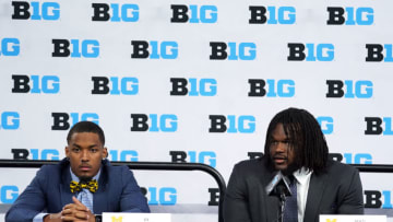 Jul 26, 2022; Indianapolis, IN, USA; Michigan Wolverines defensive back DJ Turner and defensive tackle Mazi Smith talk to the media during Big 10 football media days at Lucas Oil Stadium. Mandatory Credit: Robert Goddin-USA TODAY Sports