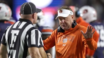 Auburn footballNov 25, 2023; Auburn, Alabama, USA; Auburn Tigers head coach Hugh Freeze talks with game officials during a timeout in the third quarter against the Alabama Crimson Tide at Jordan-Hare Stadium. Mandatory Credit: John Reed-USA TODAY Sports