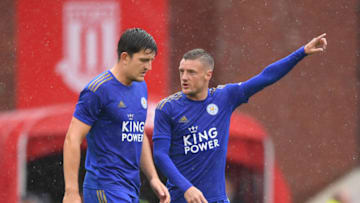 STOKE ON TRENT, ENGLAND - JULY 27: Harry Maguire of Leicester speaks to Jamie Vardy of Leicester during the Pre-Season Friendly match between Stoke City and Leicester City at the Bet365 Stadium on July 27, 2019 in Stoke on Trent, England. (Photo by Michael Regan/Getty Images)