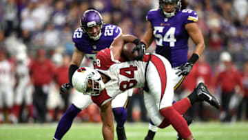 MINNEAPOLIS, MN - NOVEMBER 20: Jermaine Gresham #84 of the Arizona Cardinals breaks a tackle while carrying the ball for a touchdown in the second quarter of the game against the Minnesota Vikings on November 20, 2016 at US Bank Stadium in Minneapolis, Minnesota. (Photo by Hannah Foslien/Getty Images)
