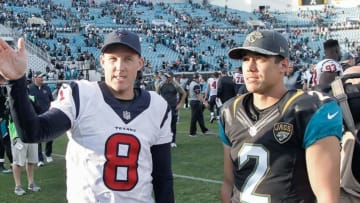 Nov 13, 2016; Jacksonville, FL, USA; Jacksonville Jaguars kicker Jason Myers (2) and Houston Texans kicker Nick Novak (8) after a football game at EverBank Field. The Texans won 24-21. Mandatory Credit: Reinhold Matay-USA TODAY Sports