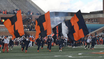 CHAMPAIGN, IL. - NOVEMBER 02: Members of the Illinois Fighting Illini enter the field before a Big Ten Conference football game between the Rutgers Scarlet Knights and the Illinois Fighting Illini on November 02, 2019, at Memorial Stadium, Champaign, IL. (Photo by Keith Gillett/Icon Sportswire via Getty Images)