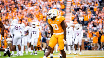 KNOXVILLE, TN - OCTOBER 12: Tyler Byrd #10 of the Tennessee Volunteers celebrates his thirty-nine yard reception for a touchdown during the second half of a game against the Mississippi State Bulldogs at Neyland Stadium on October 12, 2019 in Knoxville, Tennessee. (Photo by Carmen Mandato/Getty Images)