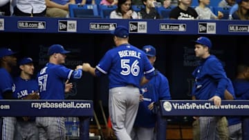 Oct 4, 2015; St. Petersburg, FL, USA; Toronto Blue Jays starting pitcher Mark Buehrle (56) is taken out of the game during the first inning against the Tampa Bay Rays at Tropicana Field. Mandatory Credit: Kim Klement-USA TODAY Sports