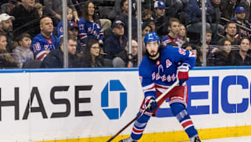 NEW YORK, NY - OCTOBER 20: New York Rangers Center Mika Zibanejad (93) skates with the puck during the third period of a regular season NHL game between the Vancouver Canucks and the New York Rangers on October 20, 2019, at Madison Square Garden in New York, NY. (Photo by David Hahn/Icon Sportswire via Getty Images)