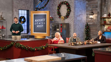 Nancy, Duff, Carla and Jesse at judges table, as seen on Holiday Baking Championship, Season 7. Photo provided by Food Network