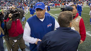 Oct 2, 2016; Foxborough, MA, USA; Buffalo Bills head coach Rex Ryan shakes hands with New England Patriots head coach Bill Belichick after the Buffalo Bills 16-0 win over the New England Patriots at Gillette Stadium. Mandatory Credit: Winslow Townson-USA TODAY Sports