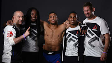 OKLAHOMA CITY, OK - JUNE 25: Kevin Lee poses for a portrait backstage with his team after his victory over Michael Chiesa during the UFC Fight Night event at the Chesapeake Energy Arena on June 25, 2017 in Oklahoma City, Oklahoma. (Photo by Brandon Magnus/Zuffa LLC/Zuffa LLC via Getty Images)