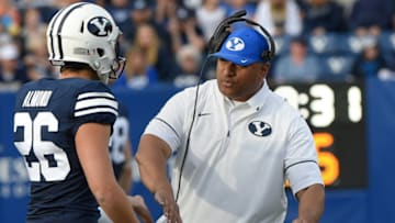 PROVO, UT - NOVEMBER 12: Head coach Kalani Sitake of the Brigham Young Cougars greets kicker Rhett Almond #26 after his 20 yard field goal in the fourth quarter against the Southern Utah Thunderbirds at LaVell Edwards Stadium on November 12, 2016 in Provo Utah. The Brigham Young Cougars beat the Southern Utah Thunderbirds 37-7. (Photo by Gene Sweeney Jr/Getty Images)