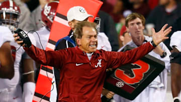 STARKVILLE, MS - NOVEMBER 11: head coach Nick Saban of the Alabama Crimson Tide reacts to a play during the second half of an NCAA football game against the Mississippi State Bulldogs at Davis Wade Stadium on November 11, 2017 in Starkville, Mississippi. (Photo by Butch Dill/Getty Images)