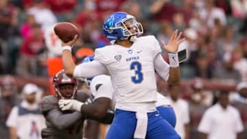 PHILADELPHIA, PA - SEPTEMBER 08: Tyree Jackson #3 of the Buffalo Bulls throws a pass in the second quarter against the Temple Owls at Lincoln Financial Field on September 8, 2018 in Philadelphia, Pennsylvania. (Photo by Mitchell Leff/Getty Images)