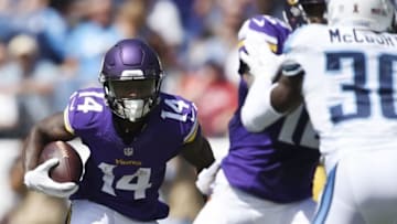 Sep 11, 2016; Nashville, TN, USA; Minnesota Vikings wide receiver Stefon Diggs (14) carries the ball against the Tennessee Titans during the first quarter at Nissan Stadium. Mandatory Credit: Andrew Nelles/The Tennessean-USA TODAY Sports