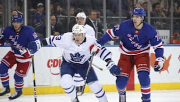 NEW YORK, NEW YORK - FEBRUARY 10: Travis Dermott #23 of the Toronto Maple Leafs skates against the New York Rangers at Madison Square Garden on February 10, 2019 in New York City . The Rangers defeated the Maple Leafs 4-1. (Photo by Bruce Bennett/Getty Images)