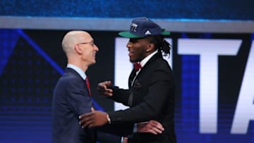 Jun 23, 2016; New York, NY, USA; Taurean Prince (Baylor) greets NBA commissioner Adam Silver after being selected as the number twelve overall pick to the Utah Jazz in the first round of the 2016 NBA Draft at Barclays Center. Mandatory Credit: Brad Penner-USA TODAY Sports