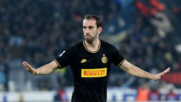 ROME, ITALY - FEBRUARY 16: Diego Godin of FC Internazionale gestures during the Serie A match between SS Lazio and FC Internazionale at Stadio Olimpico on February 16, 2020 in Rome, Italy. (Photo by Silvia Lore/Getty Images)