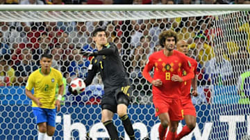Belgium's goalkeeper Thibaut Courtois (C) throws the ball during the Russia 2018 World Cup quarter-final football match between Brazil and Belgium at the Kazan Arena in Kazan on July 6, 2018. (Photo by EMMANUEL DUNAND / AFP) / RESTRICTED TO EDITORIAL USE - NO MOBILE PUSH ALERTS/DOWNLOADS (Photo credit should read EMMANUEL DUNAND/AFP/Getty Images)