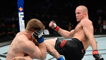 VANCOUVER, BRITISH COLUMBIA - SEPTEMBER 14: (R-L) Misha Cirkunov of Latvia kicks Jimmy Crute of Australia in their light heavyweight bout during the UFC Fight Night event at Rogers Arena on September 14, 2019 in Vancouver, Canada. (Photo by Jeff Bottari/Zuffa LLC/Zuffa LLC)