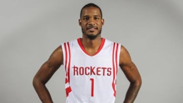 Sep 29, 2014; Houston, TX, USA; Houston Rockets forward Trevor Ariza (1) poses for a photo during media day at Toyota Center. Mandatory Credit: Troy Taormina-USA TODAY Sports