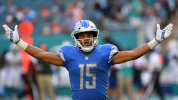 MIAMI, FL - OCTOBER 21: Golden Tate #15 of the Detroit Lions celebrates in the fourth quarter against the Miami Dolphins at Hard Rock Stadium on October 21, 2018 in Miami, Florida. (Photo by Mark Brown/Getty Images)