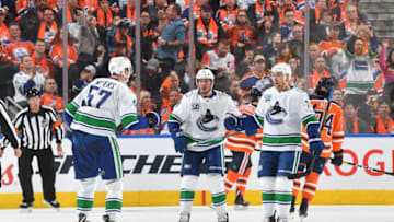 EDMONTON, AB - OCTOBER 2: J.T. Miller #9, Tyler Myers #57 ad Tanner Pearson #70 of the Vancouver Canucks celebrate after a goal during the game on October 2 2019, 2019 at Rogers Place in Edmonton, Alberta, Canada. (Photo by Andy Devlin/NHLI via Getty Images)