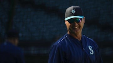 Aug 23, 2016; Seattle, WA, USA; Seattle Mariners manager Scott Servais (9) talks during batting practice before a game against the New York Yankees at Safeco Field. Mandatory Credit: Joe Nicholson-USA TODAY Sports