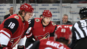 GLENDALE, ARIZONA - JANUARY 30: Taylor Hall #91 of the Arizona Coyotes gets ready during a face off against the Los Angeles Kings at Gila River Arena on January 30, 2020 in Glendale, Arizona. (Photo by Norm Hall/NHLI via Getty Images)