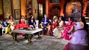 THE REAL HOUSEWIVES OF ATLANTA -- "Reunion" -- Pictured: (l-r) Kenya Moore, Cynthia Bailey, Porsha Williams, Andy Cohen, NeNe Leakes, Kandi Burruss, Sheree Whitfield, Marlo Hampton -- (Photo by: Moses Robinson/Bravo/NBCU Photo Bank via Getty Images)