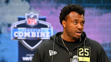 INDIANAPOLIS, INDIANA - FEBRUARY 26: Austin Jackson #OL25 of Southern California interviews during the second day of the 2020 NFL Scouting Combine at Lucas Oil Stadium on February 26, 2020 in Indianapolis, Indiana. (Photo by Alika Jenner/Getty Images)