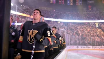 LAS VEGAS, NV - APRIL 21: The Vegas Golden Knights stand for the national anthem prior to Game Six of the Western Conference First Round against the San Jose Sharks during the 2019 NHL Stanley Cup Playoffs at T-Mobile Arena on April 21, 2019 in Las Vegas, Nevada. (Photo by David Becker/NHLI via Getty Images)