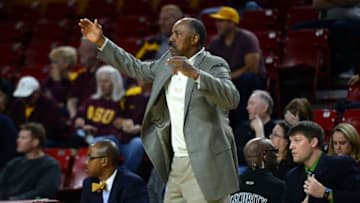 Nov 18, 2015; Tempe, AZ, USA; Kennesaw State Owls head coach Al Skinner reacts against the Arizona State Sun Devils during the first half at Wells-Fargo Arena. Mandatory Credit: Joe Camporeale-USA TODAY Sports