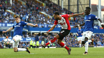 LIVERPOOL, ENGLAND - MAY 05: Nathan Redmond of Southampton shoots but misses during the Premier League match between Everton and Southampton at Goodison Park on May 5, 2018 in Liverpool, England. (Photo by Jan Kruger/Getty Images)