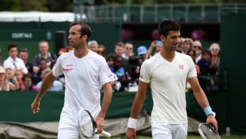LONDON, ENGLAND - JULY 05: Novak Djokovic of Serbia and Radek Stepanek during a practice session on day twelve of the Wimbledon Lawn Tennis Championships at the All England Lawn Tennis and Croquet Club on July 5, 2014 in London, England. (Photo by Jan Kruger/Getty Images)