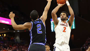Feb 29, 2020; Charlottesville, Virginia, USA; Virginia Cavaliers guard Braxton Key (2) shoots the ball over Duke Blue Devils guard Cassius Stanley (2) in the second half at John Paul Jones Arena. Mandatory Credit: Geoff Burke-USA TODAY Sports