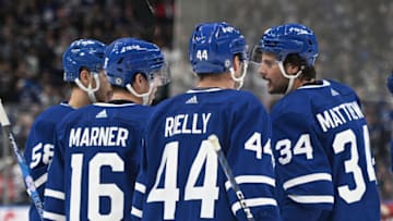Oct 8, 2022; Toronto, Ontario, CAN; Toronto Maple Leafs forward Auston Matthews (34) celebrates with teammates after scoring against the Detroit Red Wings in the third period at Scotiabank Arena. Mandatory Credit: Dan Hamilton-USA TODAY Sports