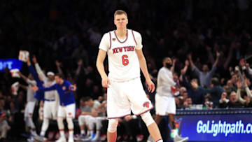 Dec 20, 2016; New York, NY, USA; New York Knicks forward Kristaps Porzingis (6) reacts after hitting a three-point shot during the second half against the Indiana Pacers at Madison Square Garden. Mandatory Credit: Adam Hunger-USA TODAY Sports