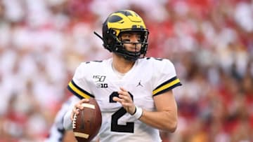 MADISON, WISCONSIN - SEPTEMBER 21: Shea Patterson #2 of the Michigan Wolverines looks to pass during a game against the Wisconsin Badgers at Camp Randall Stadium on September 21, 2019 in Madison, Wisconsin. Wisconsin defeated Michigan 35-14. (Photo by Stacy Revere/Getty Images)