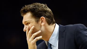 Dec 20, 2016; Charlotte, NC, USA; Los Angeles Lakers head coach Luke Walton waits for a foul explanation in the second half against the Charlotte Hornets at Spectrum Center. The Hornets defeated the Lakers 117-113. Mandatory Credit: Jeremy Brevard-USA TODAY Sports
