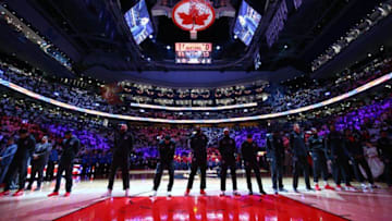 TORONTO, ON - MAY 03: The Toronto Raptors line up for the anthems, prior to the first half of Game Two of the Eastern Conference Semifinals against the Cleveland Cavaliers during the 2018 NBA Playoffs at Air Canada Centre on May 3, 2018 in Toronto, Canada. NOTE TO USER: User expressly acknowledges and agrees that, by downloading and or using this photograph, User is consenting to the terms and conditions of the Getty Images License Agreement. (Photo by Vaughn Ridley/Getty Images)