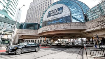 A March Madness banner adorns the Indianapolis Arts Garden for the NCAA basketball championship in downtown Indianapolis, Wednesday, March 17, 2021.Finals 2