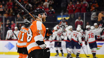 Feb 17, 2022; Philadelphia, Pennsylvania, USA; Philadelphia Flyers center Claude Giroux (28) skates back the bench against the Washington Capitals during the third period at Wells Fargo Center. Mandatory Credit: Eric Hartline-USA TODAY Sports