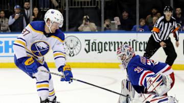 Apr 10, 2023; New York, New York, USA; Buffalo Sabres center Casey Mittelstadt (37) scores the game winning goal against New York Rangers goaltender Igor Shesterkin (31) during the shootout at Madison Square Garden. Mandatory Credit: Brad Penner-USA TODAY Sports