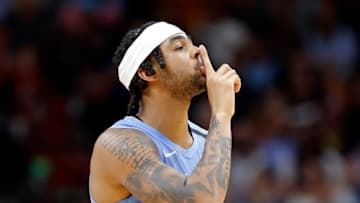 MIAMI, FLORIDA - FEBRUARY 26: D'Angelo Russell #0 of the Minnesota Timberwolves reacts against the Miami Heat during the second half at American Airlines Arena on February 26, 2020 in Miami, Florida. NOTE TO USER: User expressly acknowledges and agrees that, by downloading and/or using this photograph, user is consenting to the terms and conditions of the Getty Images License Agreement. (Photo by Michael Reaves/Getty Images)