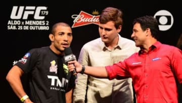 Oct 24, 2014; Rio de Janeiro, BRAZIL; Jose Aldo of Brazil is interviewed during weigh-ins for UFC 179 at Ginasio do Maracanazinho. Mandatory Credit: Jason Silva-USA TODAY Sports