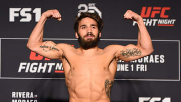 UTICA, NY - MAY 31: Jimmie Rivera poses on the scale during the UFC weigh-in at the DoubleTree Hotel on May 31, 2018 in Utica, New York. (Photo by Josh Hedges/Zuffa LLC/Zuffa LLC via Getty Images)
